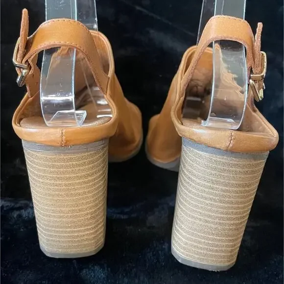 Aldo Camel Leather Heeled Sandals Women’s Size 6.5 Peep Toe Slingback Block Heel - Picture 6 of 8